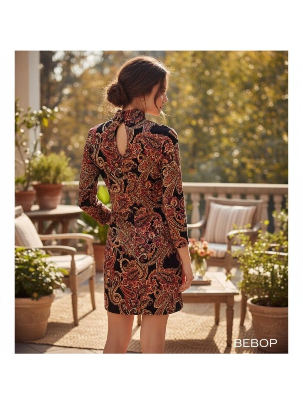 Bebop Velvet Paisley Long Sleeve Mock Neck Mini Dress  70s  Bohemian Hippie - Picture 2 of 11